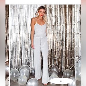 DISCO DOLL RHINESTONE WIDE LEG KNIT PANTS - CHAMPAGNE